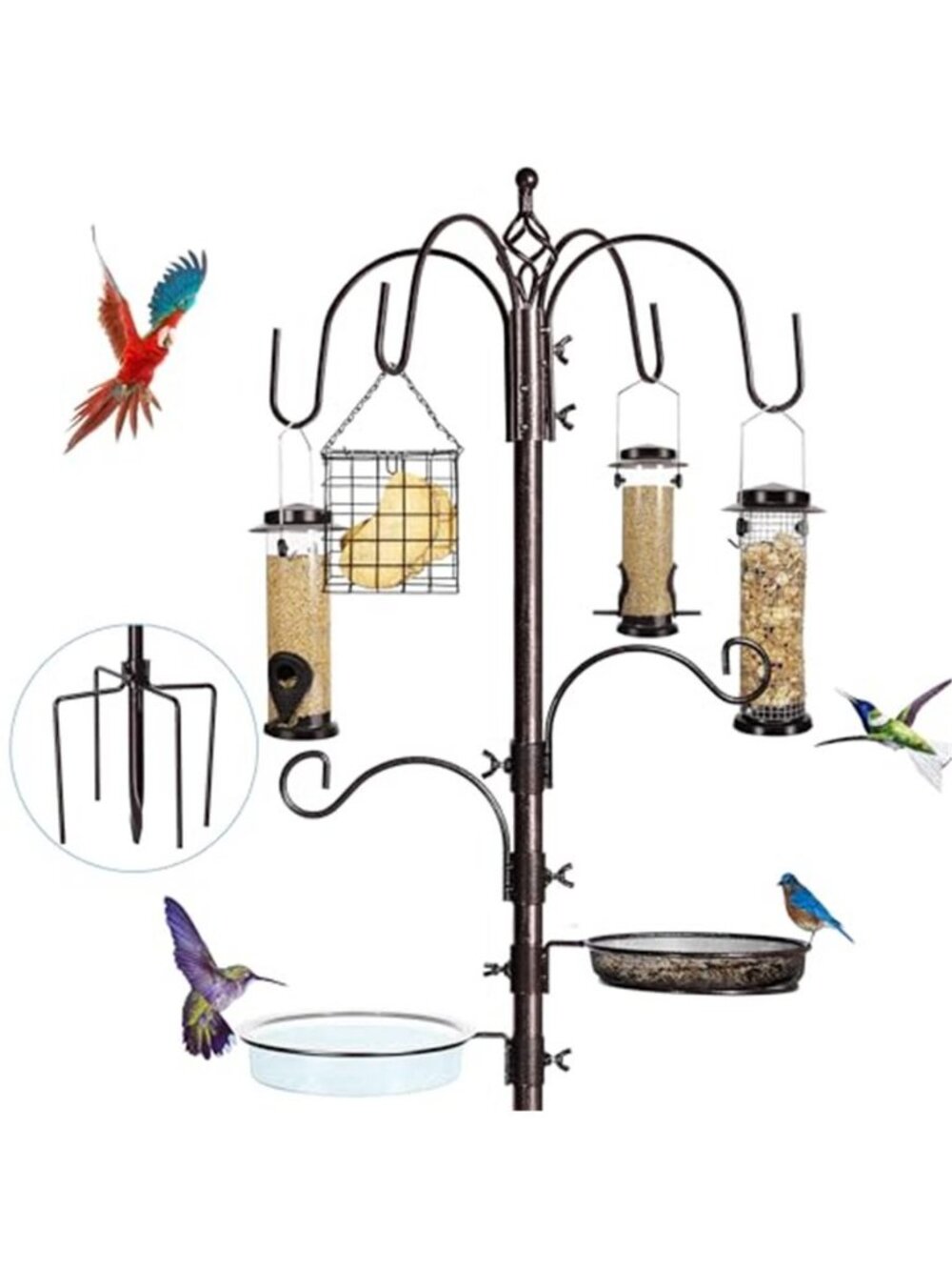 6-Hook Bird Feeding Station Kit, Wild Bird Feeder Stand Pole, Multi-Feeder Kit